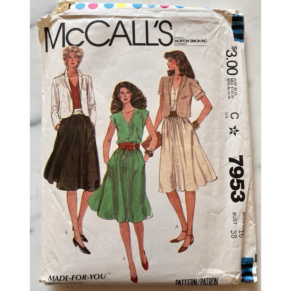 Vintage McCalls Pattern 7953 Unlined Jacket Pullover Dress Made for You Size 16